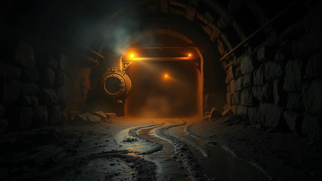 Abandoned Eastern European silver mine entrance at night, fog and amber industrial lights, eerie atmospheric scene related to the Stříbro Mass Fugue Events of 1962