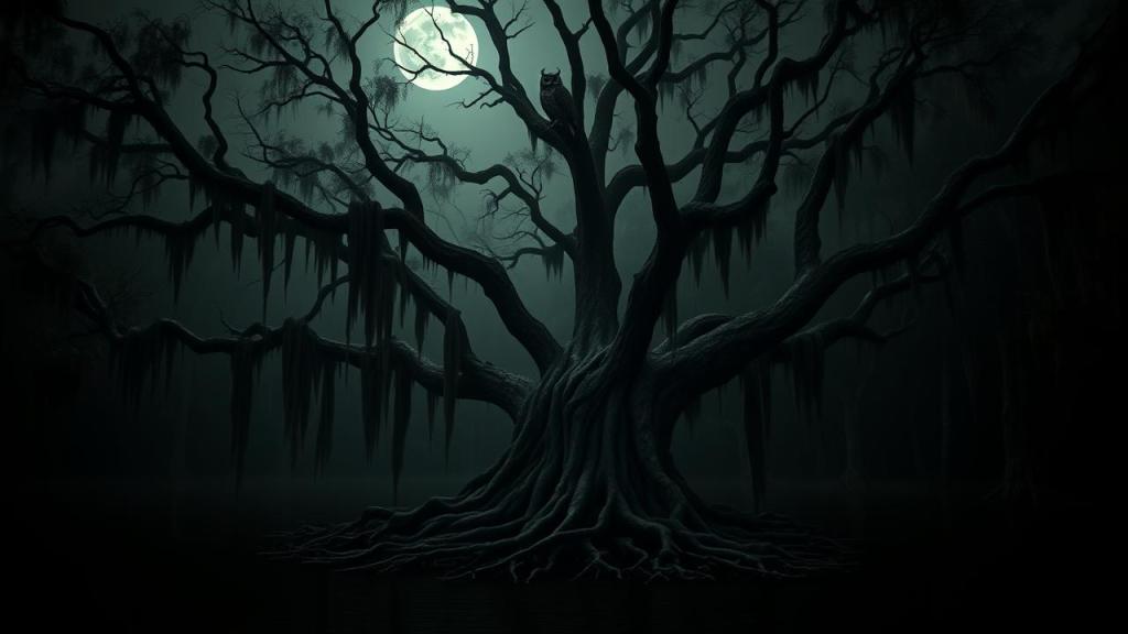 Ancient cypress swamp at night with a giant owl silhouette perched above dark still water, evoking the Stikini owl-witch of Seminole mythology