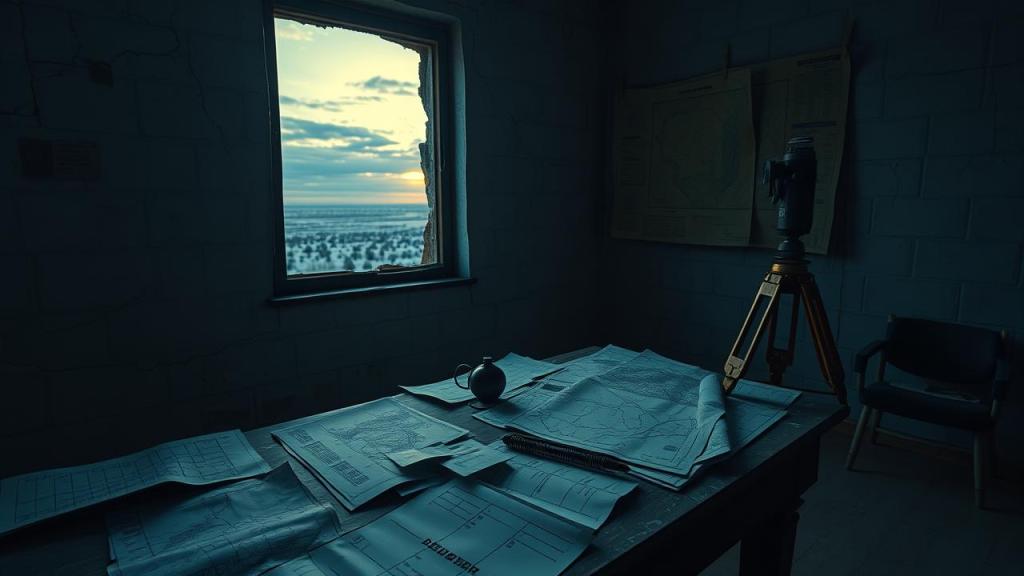 Abandoned Soviet-era cartography office on the Kazakh steppe at dusk, scattered topographic maps and a brass theodolite, dramatic chiaroscuro lighting — illustration for The Vanishing Surveyor of Semipalatinsk