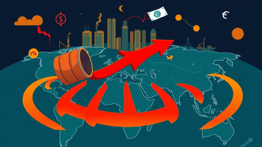 Flat illustration of the global economy rattled by a Middle East oil shock and IMF growth downgrade
