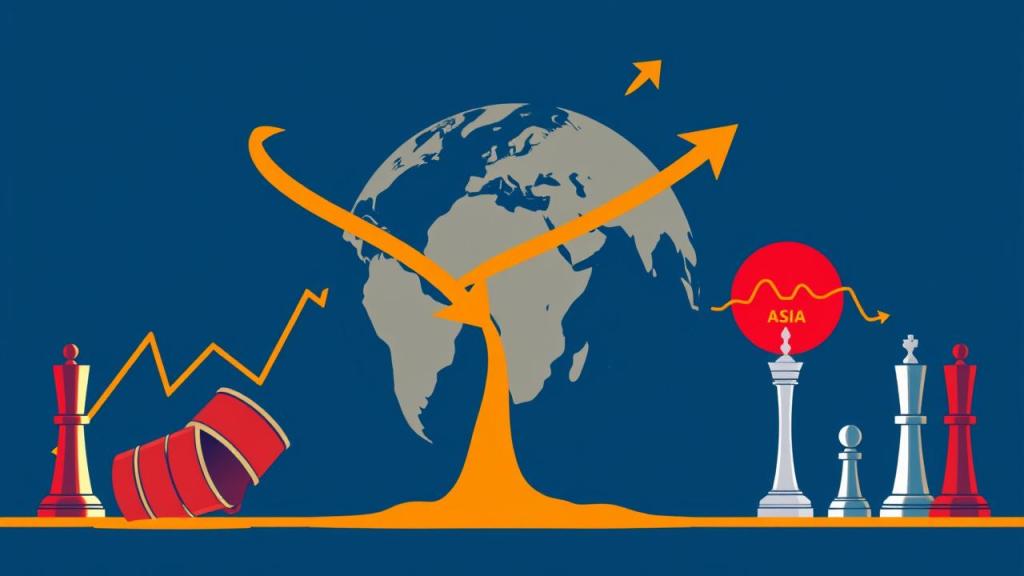 Global economy under war shadow and oil shock — flat editorial illustration