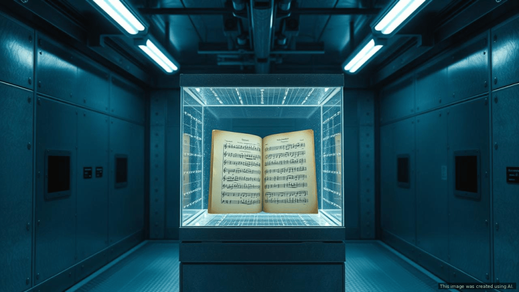 A sealed containment chamber housing an aged handwritten musical score manuscript under clinical fluorescent lighting inside a classified research facility