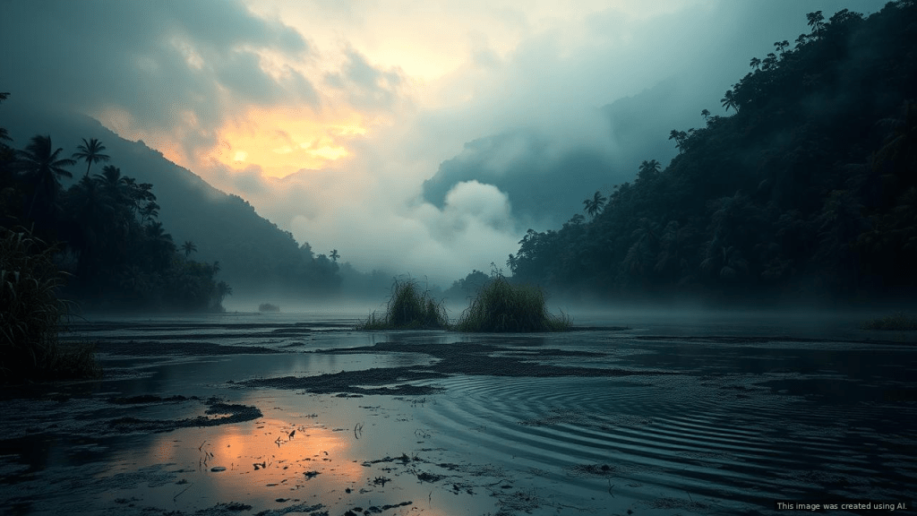 Misty swamp valley in Arunachal Pradesh at dusk — purported historical habitat of the Buru cryptid