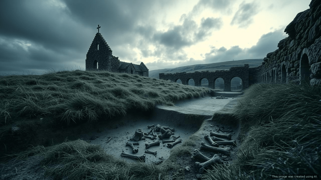 Ruined foundations and archaeological excavation trench at the abandoned medieval village of Wharram Percy at dusk