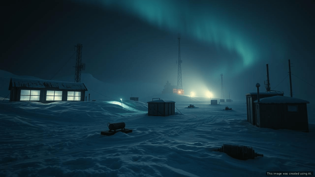 Abandoned Antarctic research station buried in deep snow during polar night, ice fog and aurora borealis