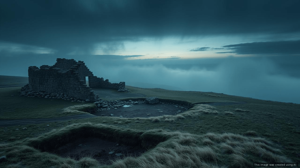 Atmospheric photograph of an ancient ringfort ruin on a desolate Baltic island, evoking the Sandby Borg archaeological site