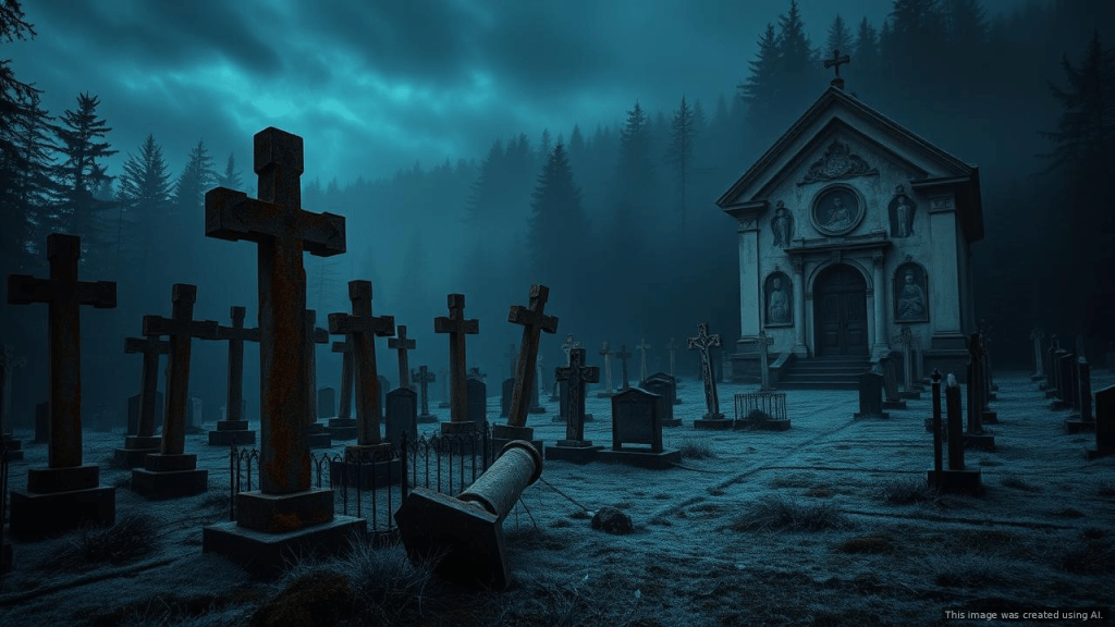 Abandoned Serbian Orthodox cemetery in misty Carpathian forest at twilight — Drekavac folklore archive